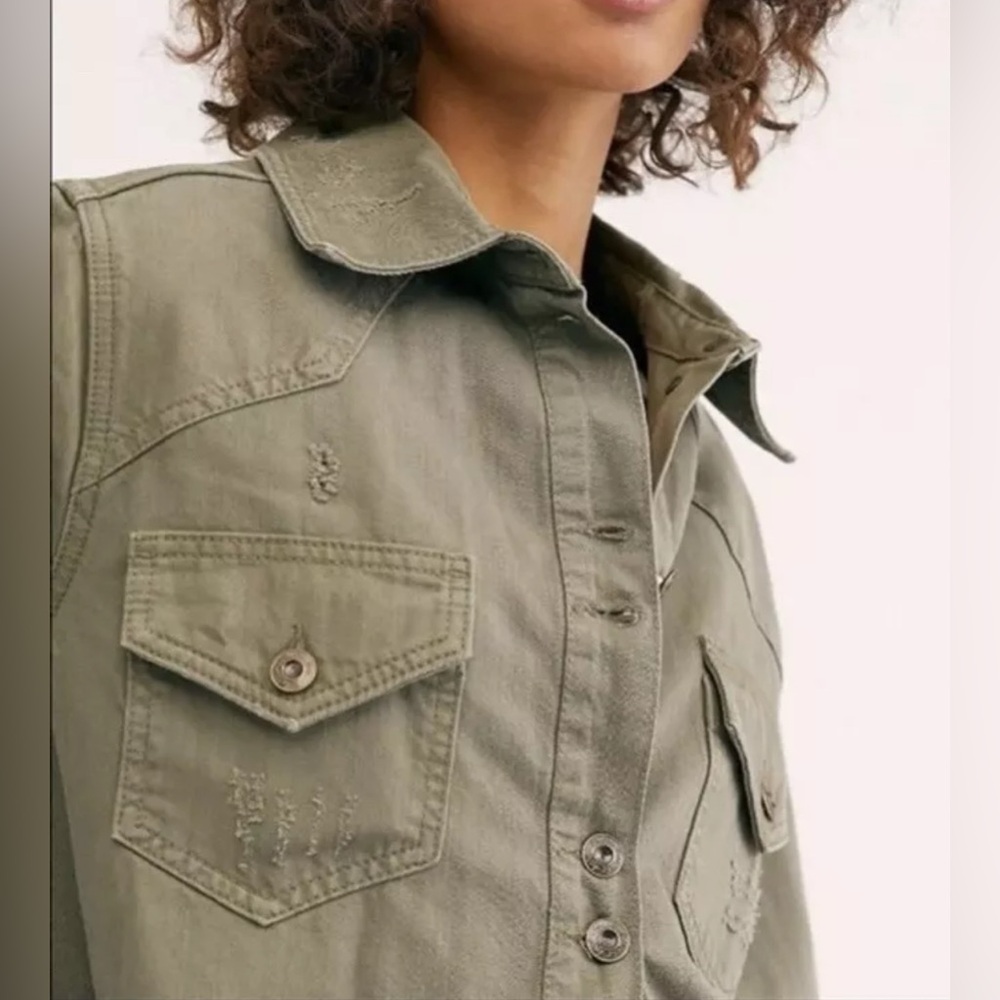 Free People Moonchild Shirt Shacket Olive Green Distressed Oversized Size M - Picture 3 of 13